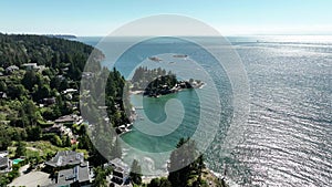 Drone footage over the waterfront houses in Gleneagles Community Centre, West Vancouver, BC, Canada