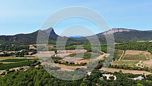 Drone footage of Pic Saint-Loup Mountain in Languedoc-Roussillon, southern France