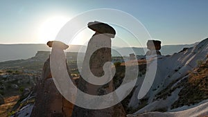 Drone footage of red valley rocks formations called the Fairy Chimneys