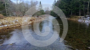 Drone footage of a scenic snowy stream in the appalachian mountains