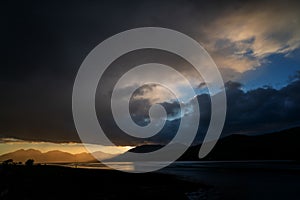 Drone footage of a stormy sunset over Loch Linnhe, from North Ballachulish, Fort William, Scotland