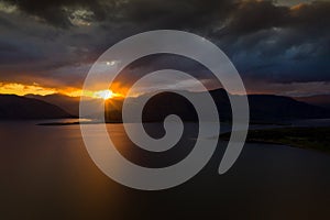 Drone footage of a stormy sunset over Loch Linnhe, from North Ballachulish, Fort William, Scotland