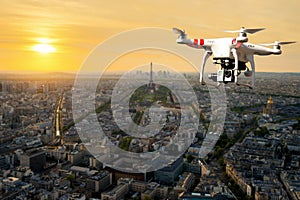 Drone with high resolution digital camera flying over Paris city