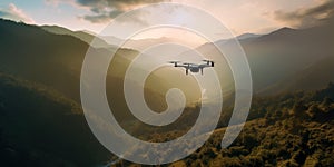 Drone hovering above a sunlit valley, capturing stunning aerial photography, concept of Unmanned aerial vehicle