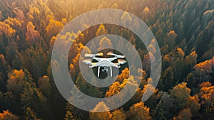 Drone hovering over autumn forest at sunset