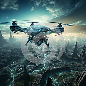 Drone Hovering over a Binary Code Landscape - A Three-Dimensional Render for Tech Concepts