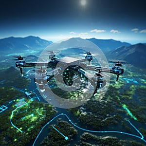 Drone Hovering over a Binary Code Landscape - A Three-Dimensional Render for Tech Concepts