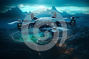 Drone Hovering over a Binary Code Landscape - A Three-Dimensional Render for Tech Concepts