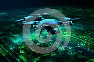 Drone Hovering over a Binary Code Landscape - A Three-Dimensional Render for Tech Concepts
