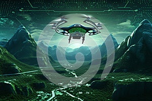 Drone Hovering over a Binary Code Landscape - A Three-Dimensional Render for Tech Concepts