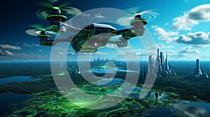 Drone Hovering over a Binary Code Landscape - A Three-Dimensional Render for Tech Concepts
