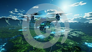 Drone Hovering over a Binary Code Landscape - A Three-Dimensional Render for Tech Concepts