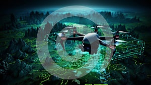 Drone Hovering over a Binary Code Landscape - A Three-Dimensional Render for Tech Concepts