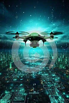 Drone Hovering over a Binary Code Landscape - A Three-Dimensional Render for Tech Concepts