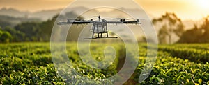 The drone hovering over a lush green field during sunset. AI generated image