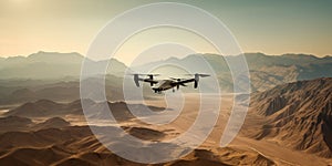 Drone hovers above a vast desert, modern technology. AI generative