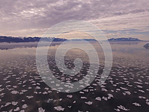 Oblique drone image of sea ice breaking up and melting in Scoresby Sund, northeast Greenland photo