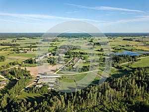 drone image. aerial view of rural area with fields and forests