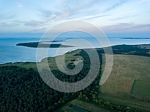 drone image. aerial view of sunrise over the islands in Baltic s