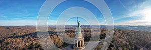 Drone image of Arminius monument in Teutoburg Forest near German city Detmold taken in morning time