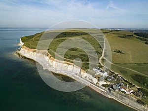 Drone image of Cuckmere Haven with coastguard cottages
