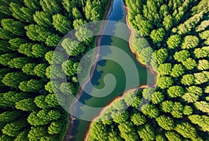 Drone image of a deep green forest with a snaking river in the early morning fog.. AI generated. photo
