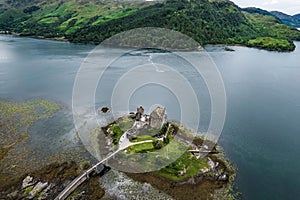 Drone image of Eilean Donan Castle, Scotland
