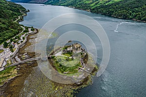 Drone image of Eilean Donan Castle, Scotland