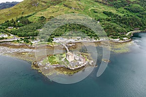 Drone image of Eilean Donan Castle, Scotland