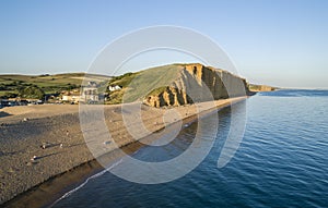Drone image of hot of the beach and cliffs in West Bay