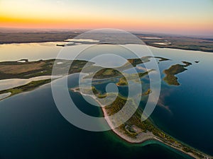 Drone image of Lakes at Sunset with Clouds in Reflection photo