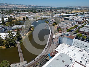 Drone image, Petaluma, California historic downtown