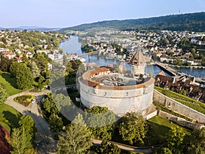 Drone image of Swiss old town Schaffhausen, with the medieval castle Munot