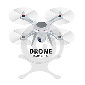 Drone isometric. Drone EPS. Drone quadrocopter 3d isometric illustration. Drone with action camera icon. Drone logo.