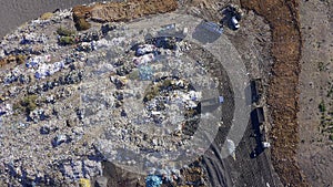 Drone, landfill with garbage or dirt, waste management and pollution, environment and junkyard. Aerial view of outdoor