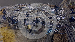 Drone, landfill with garbage or refuse, waste management and pollution, environment and junkyard. Aerial view of outdoor