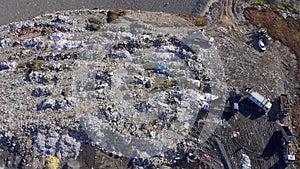 Drone, landfill with garbage or trash, waste management and pollution, environment and junkyard. Aerial view of outdoor