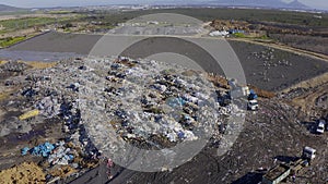 Drone, landfill with garbage or trash, waste and pollution with environment and junkyard. Aerial view of outdoor dump