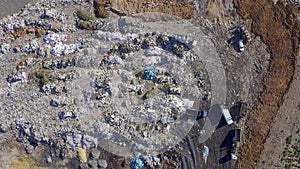 Drone, landfill and garbage, waste management and pollution with environment and trash junkyard. Aerial view of outdoor