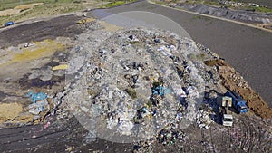 Drone, landfill with garbage or waste, trash management and pollution, environment and junkyard. Aerial view of outdoor