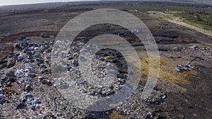 Drone, landfill with trash or dirt, waste management and industrial landscape, pollution and environment outdoor