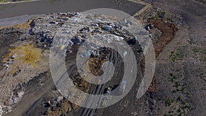 Drone, landfill with trash and waste, garbage management and pollution, environment and junkyard. Aerial view of outdoor