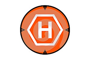 Drone landing pad icon in orange color. Helipad symbol isolated on a white background. Takeoff and landing position marker.