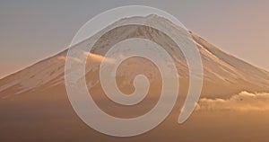 Drone, landscape and mountain with clouds at sunrise with sky, nature and bird in flight. Fujiyoshida, Japan and skyline