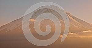 Drone, landscape and mountain with clouds at sunset with sky, nature and bird in flight. Fujiyoshida, Japan and skyline