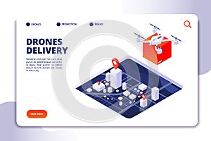 Drone logistics isometric concept. Future delivery technology, shipment with unmanned drones and quadcopter. Vector