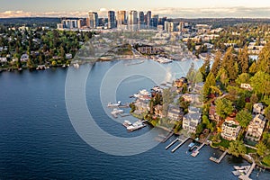 Drone Looking Down on Bellevue Washington over the Bay with Houses