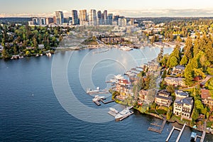 Drone Looking Down on Bellevue Washington over the Bay with Houses