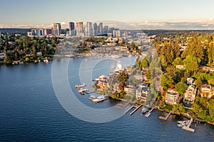 Drone Looking Down on Bellevue Washington over the Bay with Houses