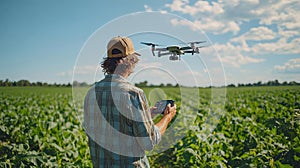 Drone monitoring crops in open fields photo